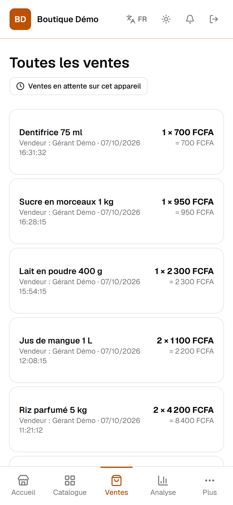 Capture de l'écran Ventes de Stock Master pour la boutique fictive Boutique Démo : dernières ventes enregistrées, avec produit, vendeur, date, quantité et montant en FCFA.